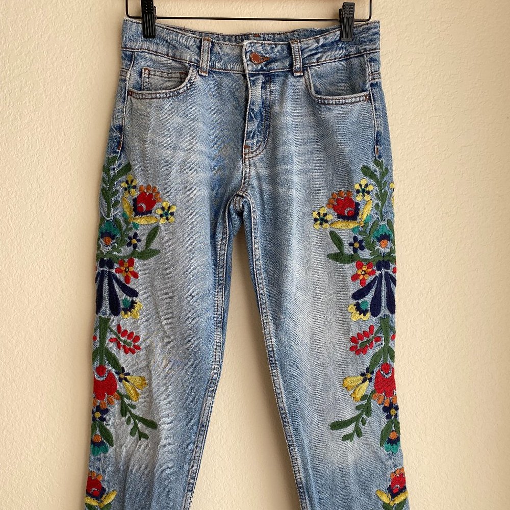 Zara Mid-Rise Jeans with Floral Embroidery